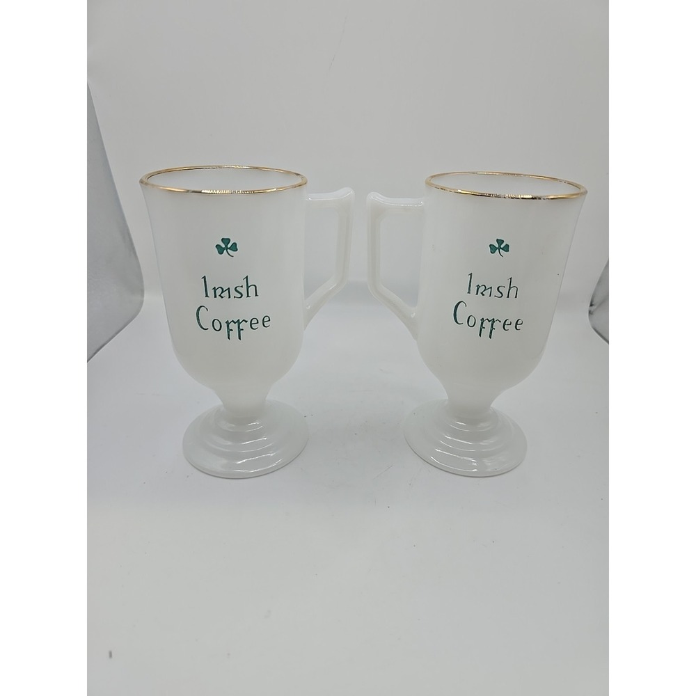 2 Irish Coffee Cups Vintage Milk Glass Pedestal Mug Pair MCM